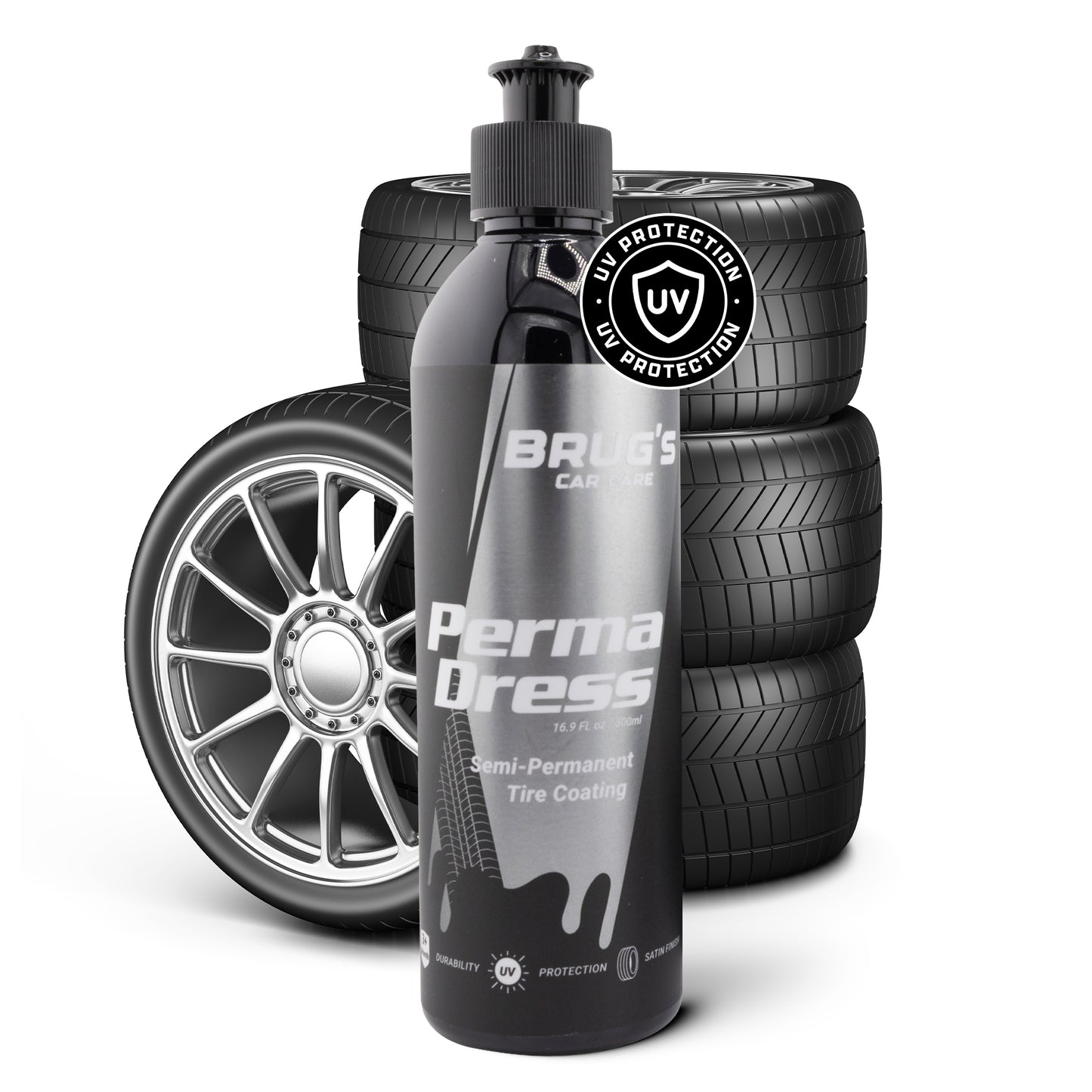 Brug’s Perma Dress Tire Coating – Long-Lasting, Sling-Free Protection with Deep Satin Finish – UV Resistant, Non-Greasy Formula – 250ml