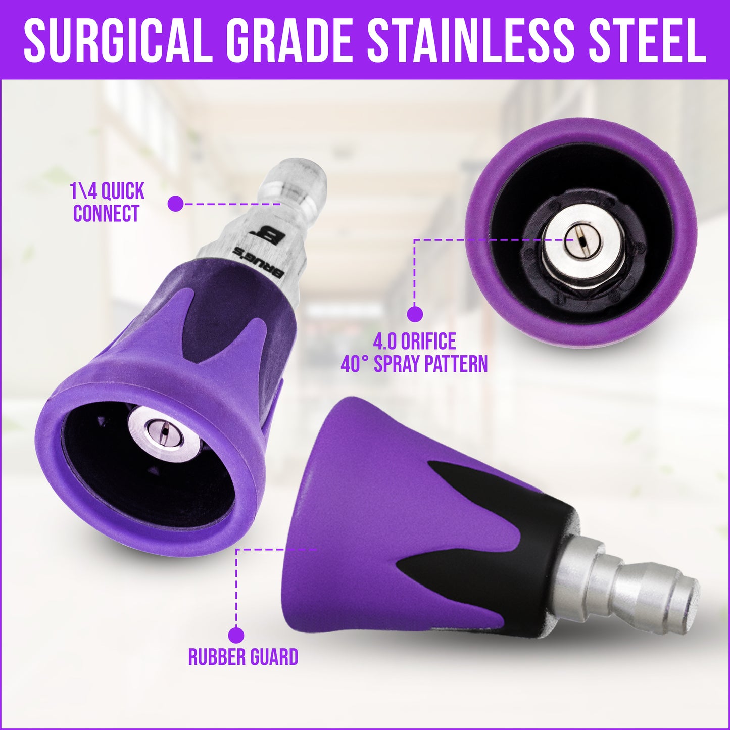 Brug's SoftGuard Rinsing Nozzle | Rubber Guarded Edges, High Flow Nozzle | 15° / 40°  Black and Purple (Nozzle Only)